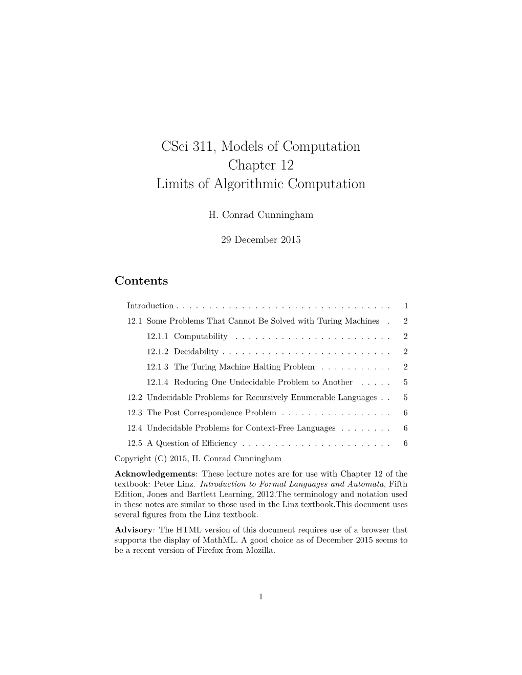 Csci 311, Models of Computation Chapter 12 Limits of Algorithmic Computation