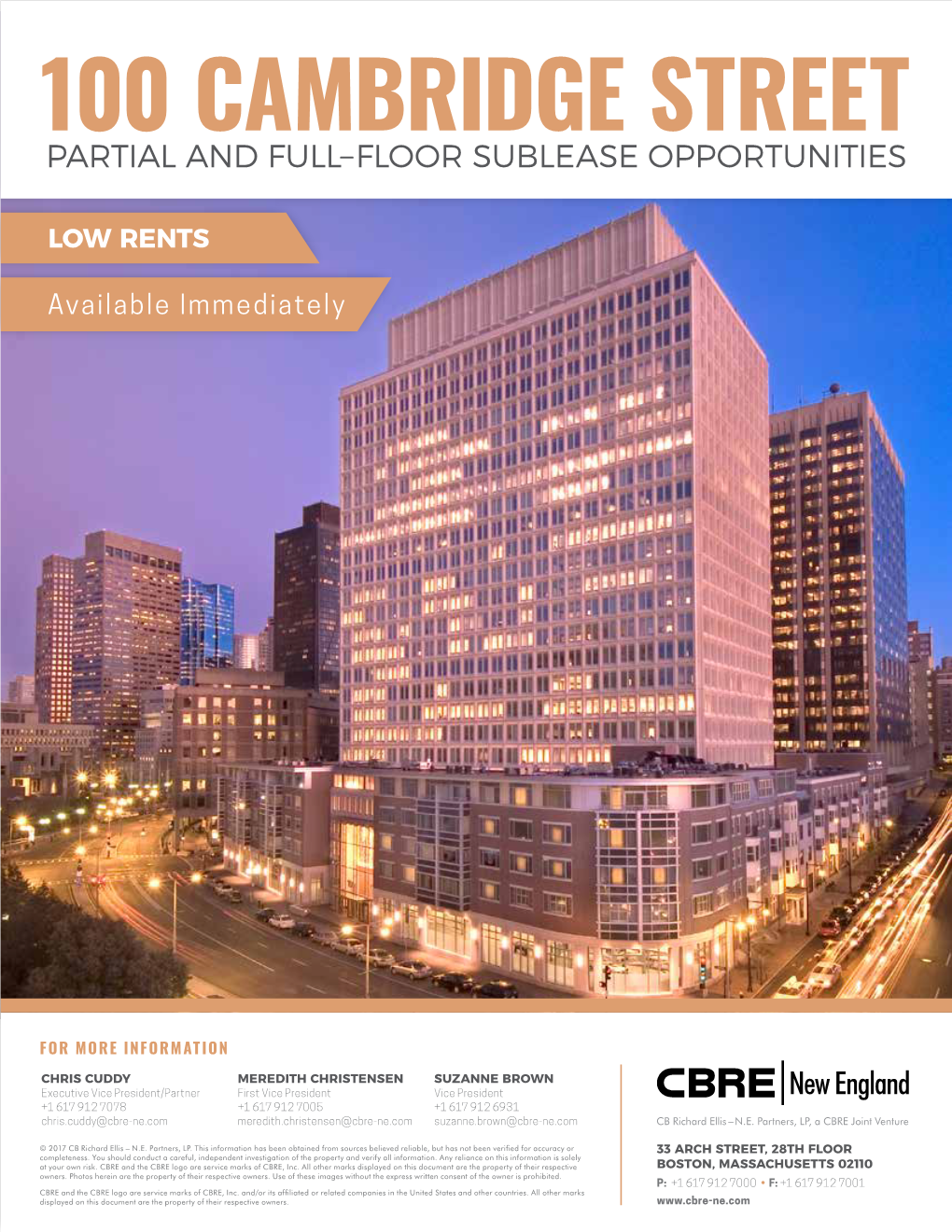 100 Cambridge Street Partial and Full–Floor Sublease Opportunities