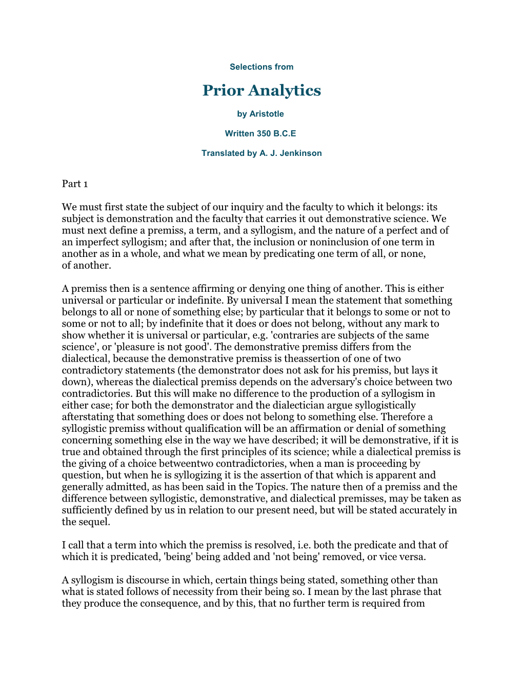 Selections from Prior Analytics