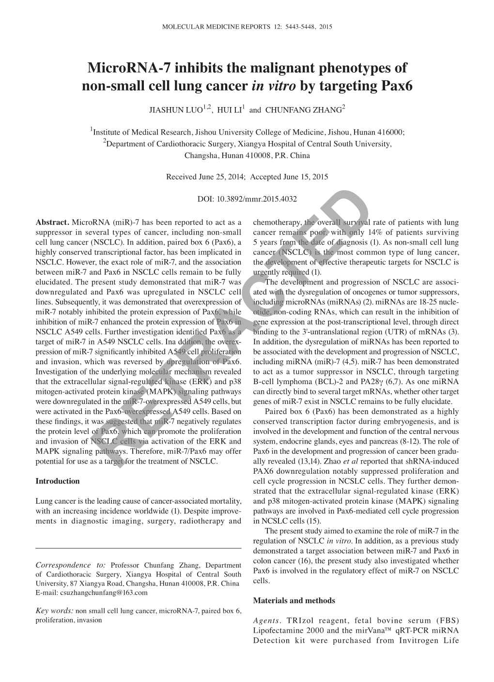 Microrna-7 Inhibits the Malignant Phenotypes of Non-Small Cell Lung