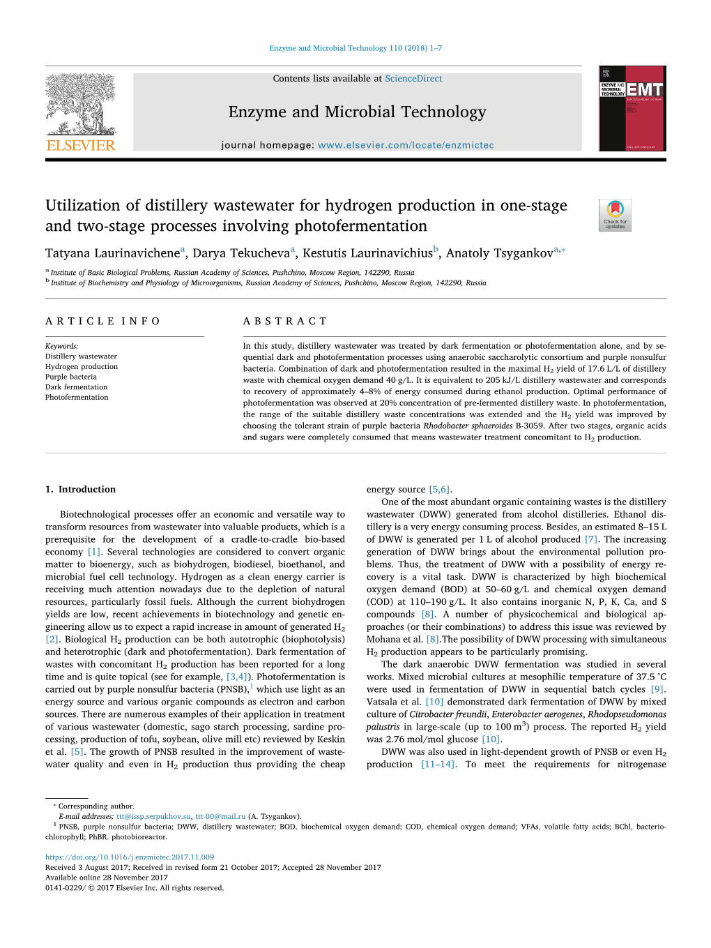 Utilization of Distillery Wastewater for Hydrogen Production in One-Stage