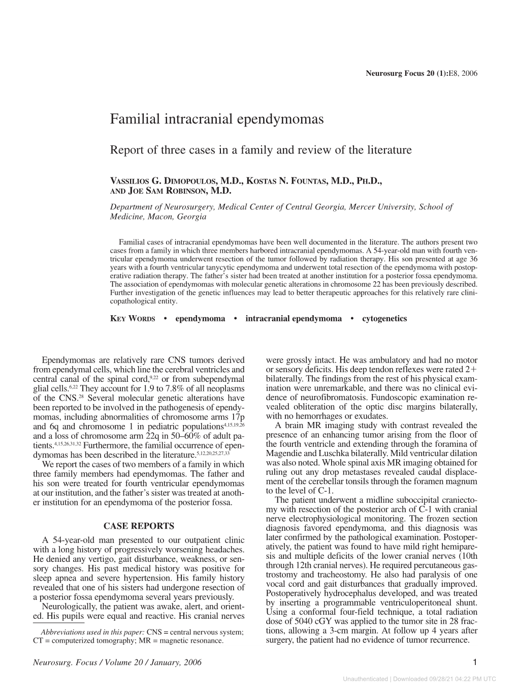 Familial Intracranial Ependymomas