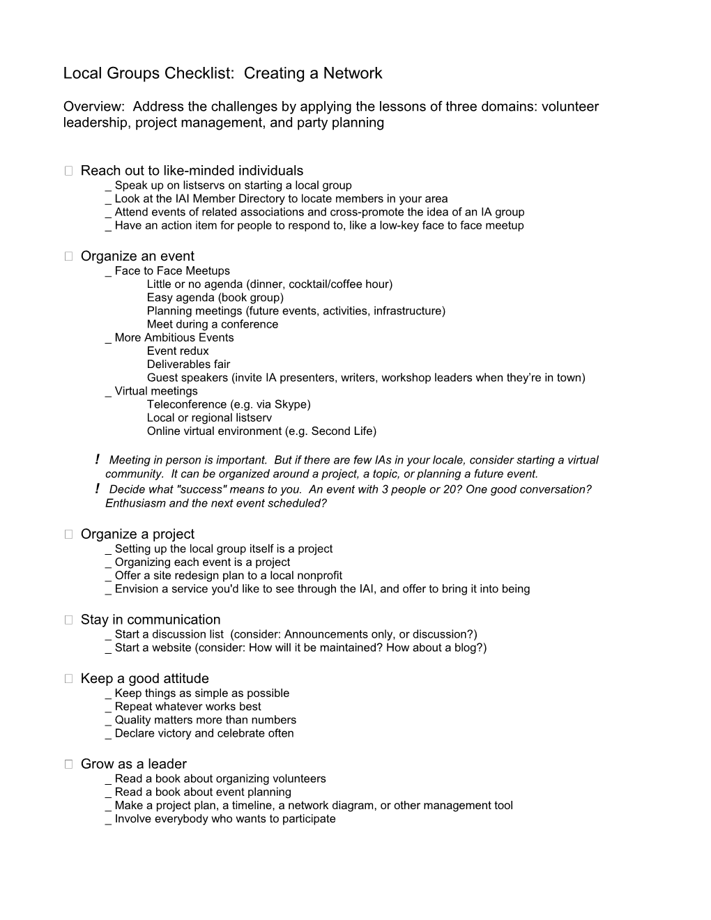 Local Groups Checklists: Creating a Network