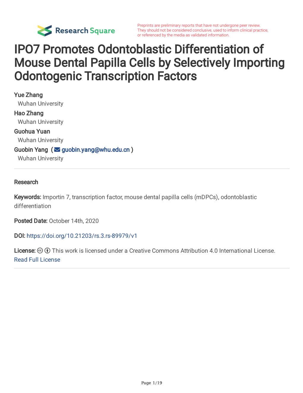 IPO7 Promotes Odontoblastic Differentiation of Mouse Dental Papilla Cells by Selectively Importing Odontogenic Transcription Factors