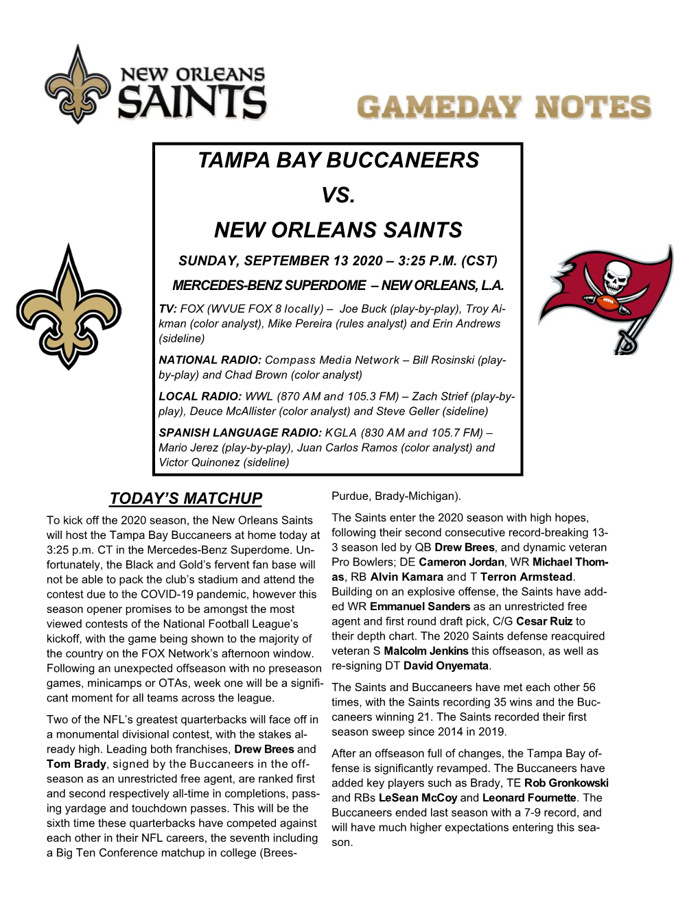 2020 Gameday Notes Vs Buccaneers.Pub