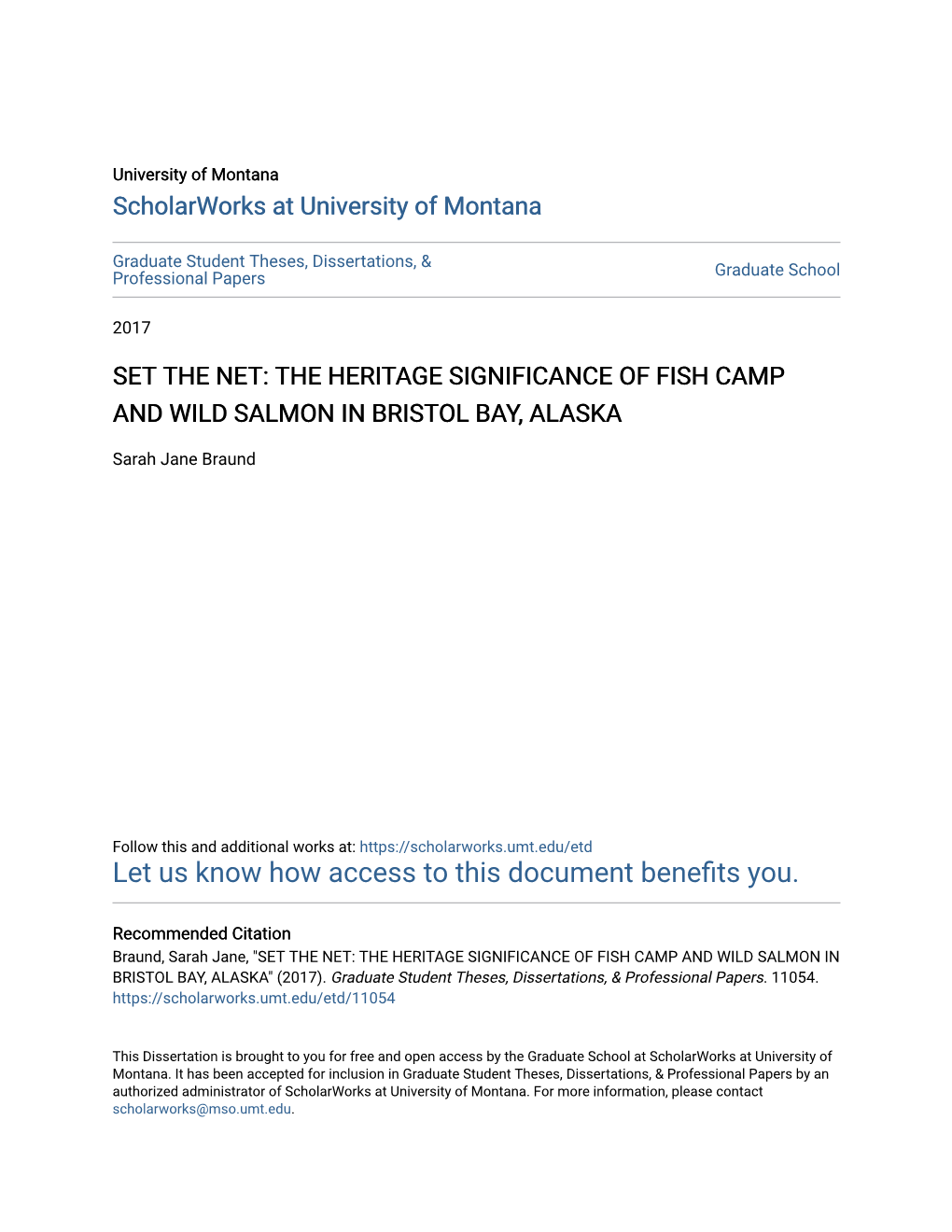 Set the Net: the Heritage Significance of Fish Camp and Wild Salmon in Bristol Bay, Alaska