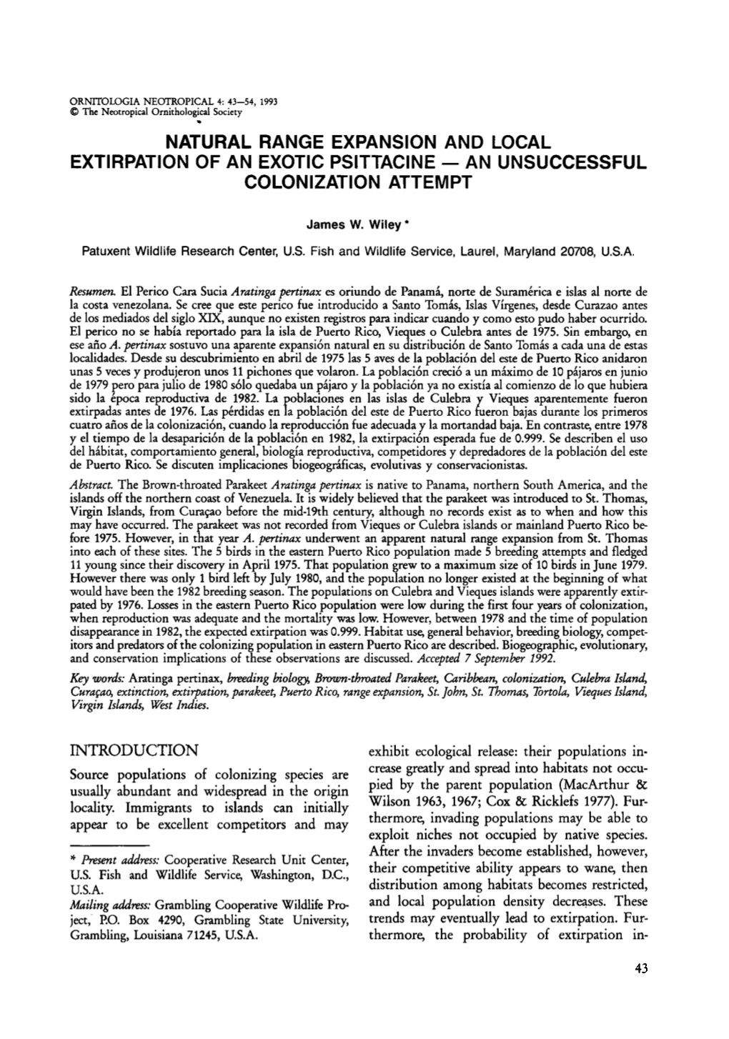 ORNITOWGIA NEOTROPICAL 4: 43-54, 1993 @ the Neotropical