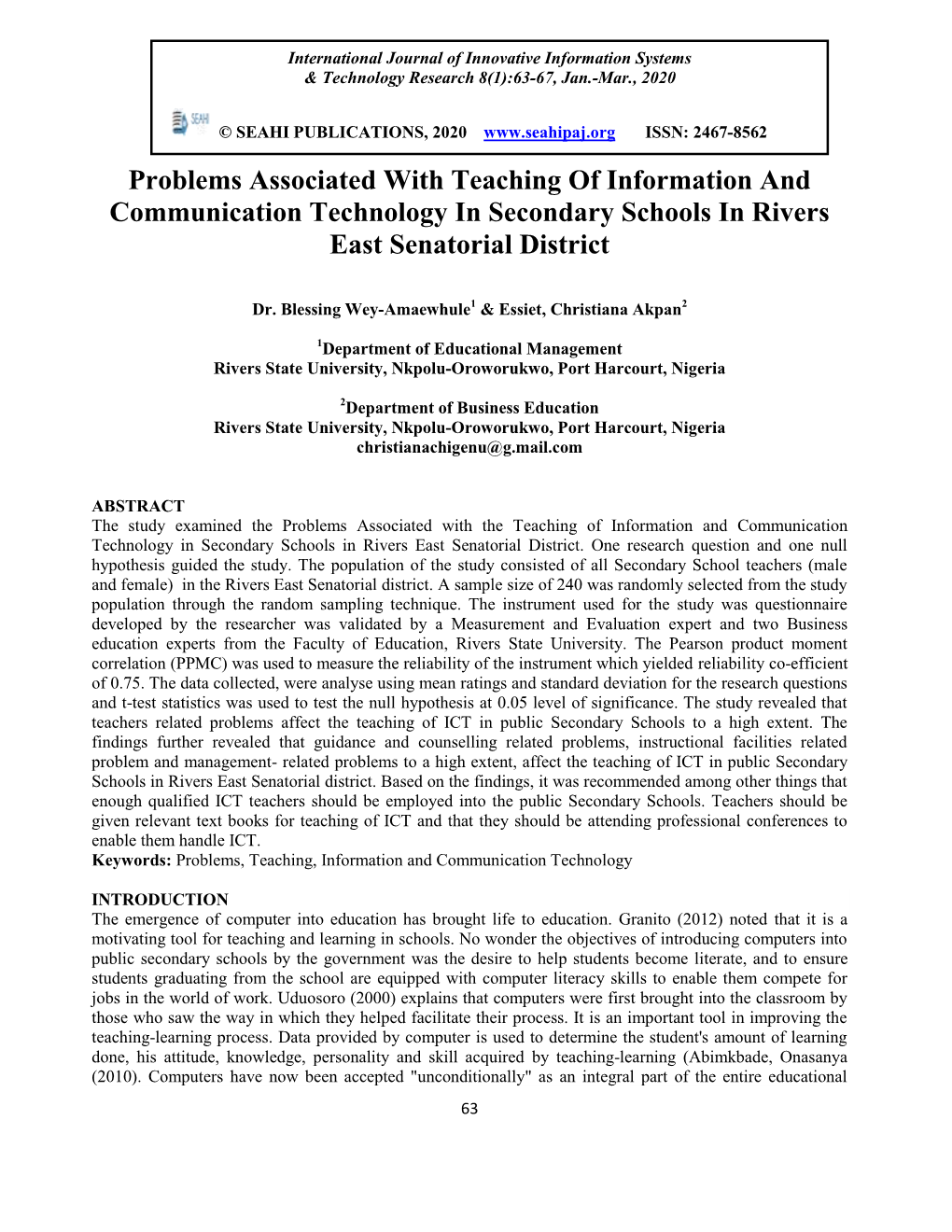 Problems Associated with Teaching of Information and Communication Technology in Secondary Schools in Rivers East Senatorial District