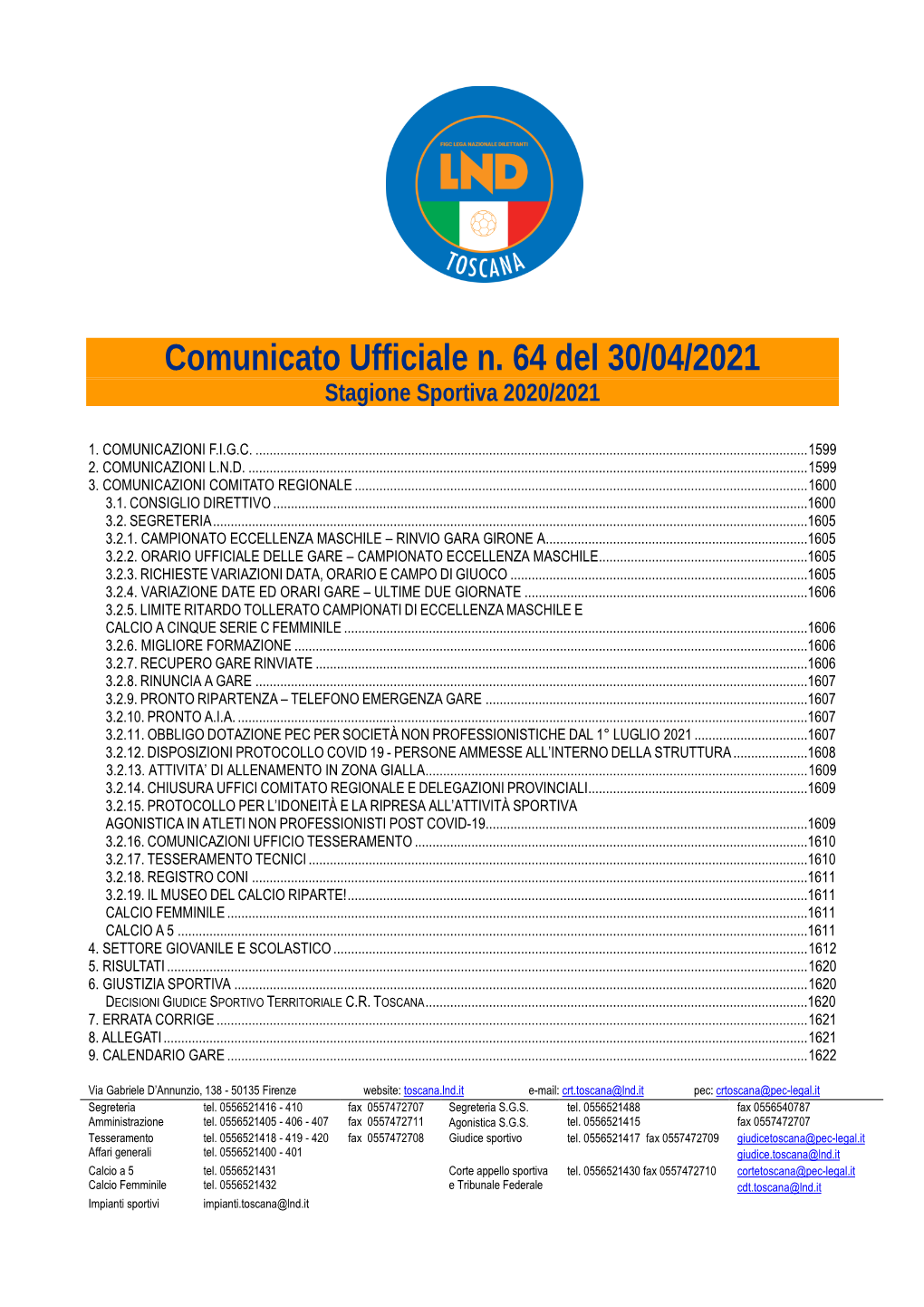 Comunicato Ufficiale N. 64 Del 30/04/2021