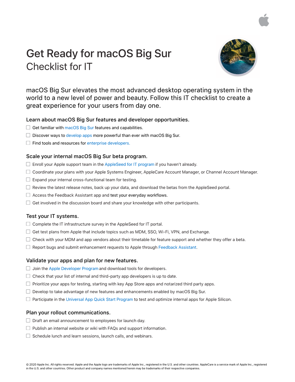 Get Ready for Macos Big Sur Checklist for IT Macos Big Sur Elevates the Most Advanced Desktop Operating System in the World to a New Level of Power and Beauty