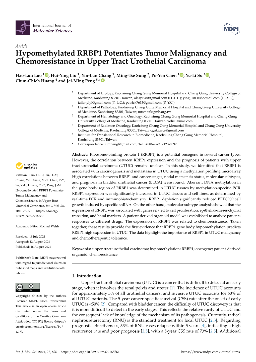 Hypomethylated RRBP1 Potentiates Tumor Malignancy and Chemoresistance in Upper Tract Urothelial Carcinoma