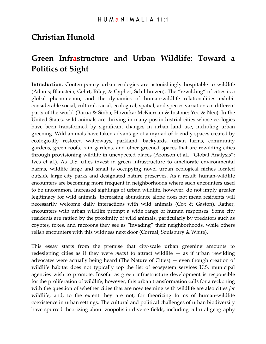 Christian Hunold Green Infrastructure and Urban Wildlife