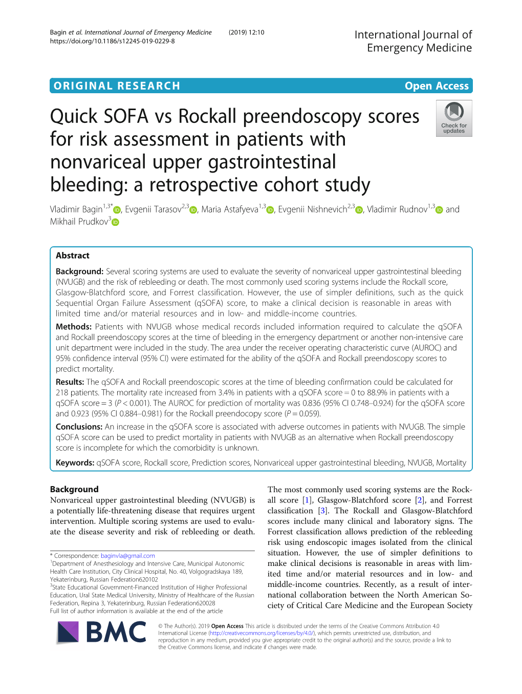 Quick SOFA Vs Rockall Preendoscopy Scores for Risk Assessment in Patients with Nonvariceal Upper Gastrointestinal Bleeding