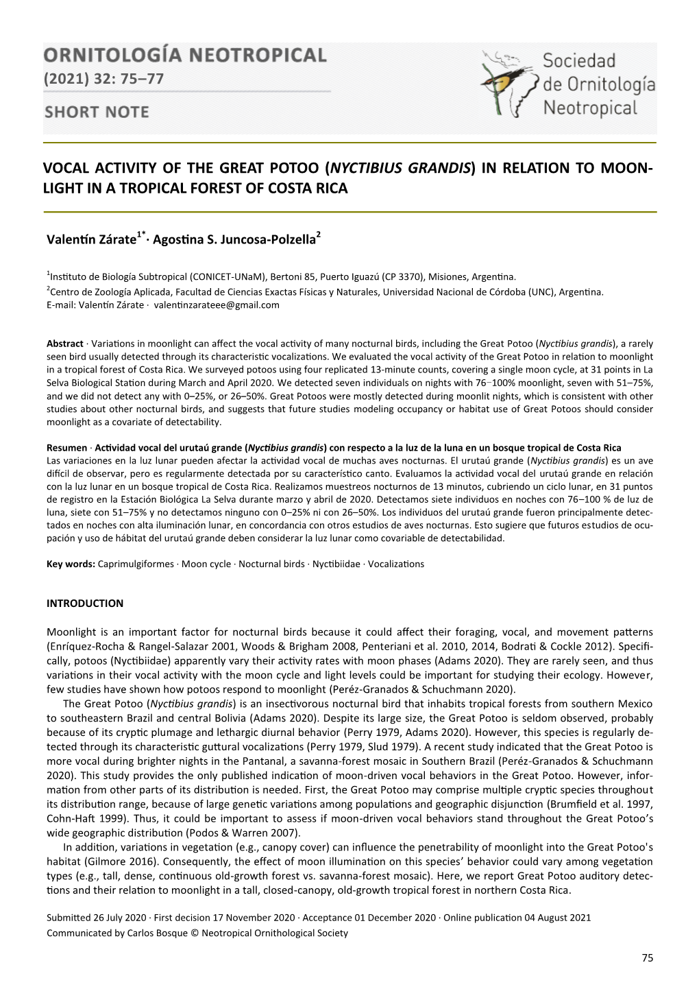 74–76 Vocal Activity of the Great Potoo (Nyctibius