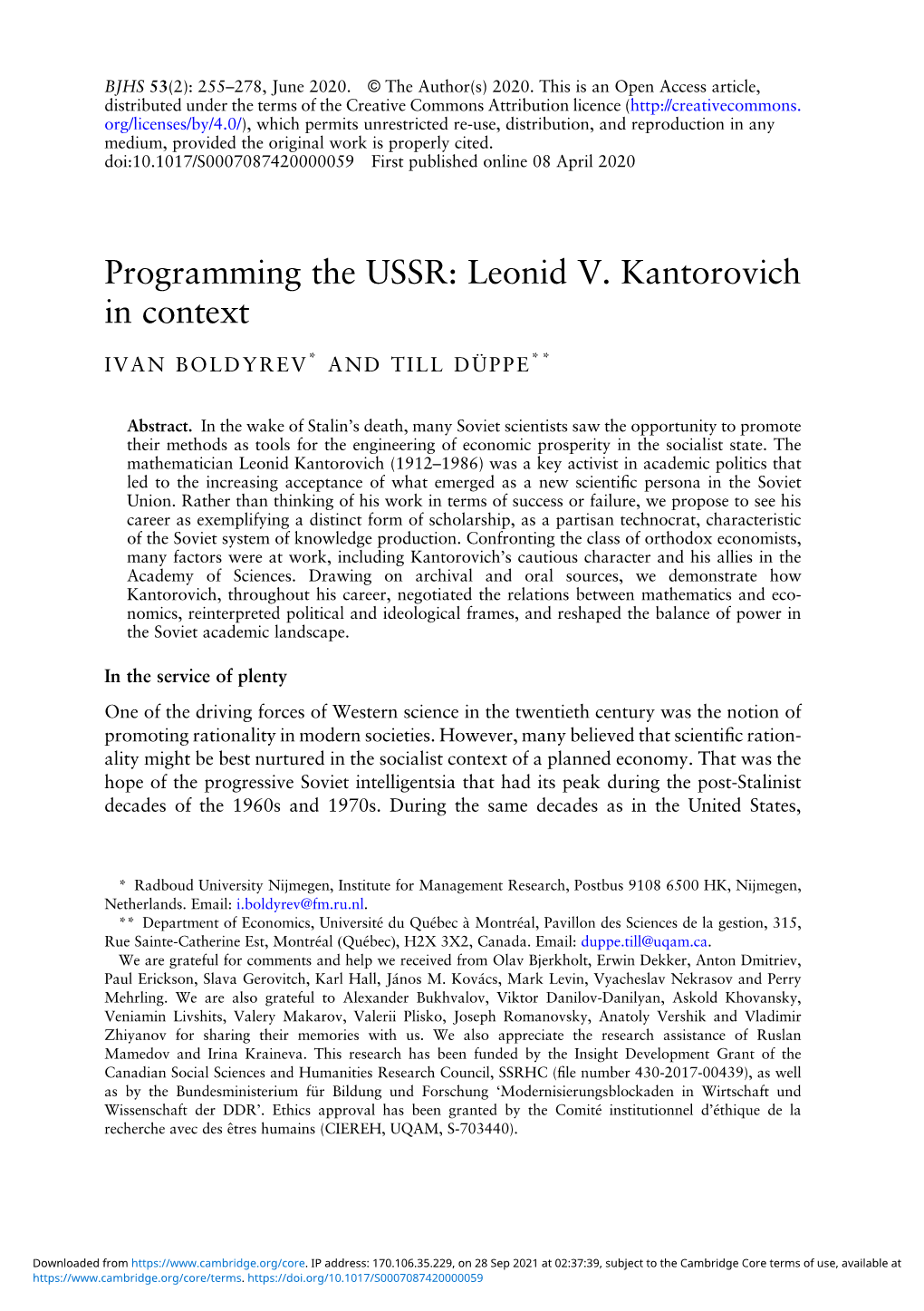 Programming the USSR: Leonid V. Kantorovich in Context