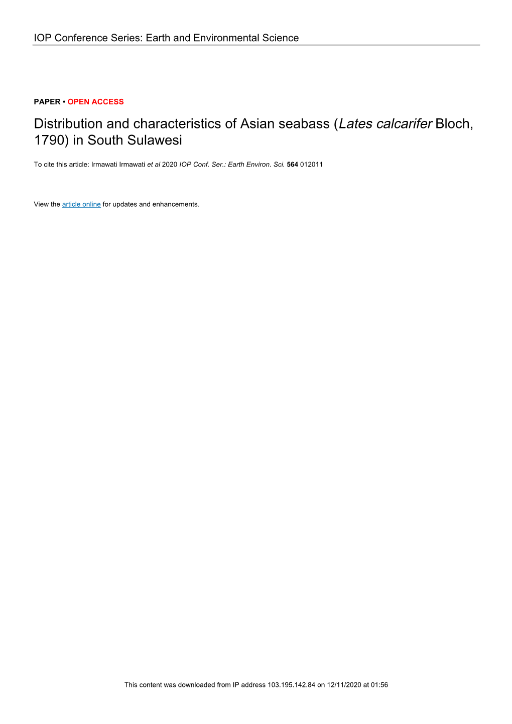 Distribution and Characteristics of Asian Seabass (Lates Calcarifer Bloch, 1790) in South Sulawesi