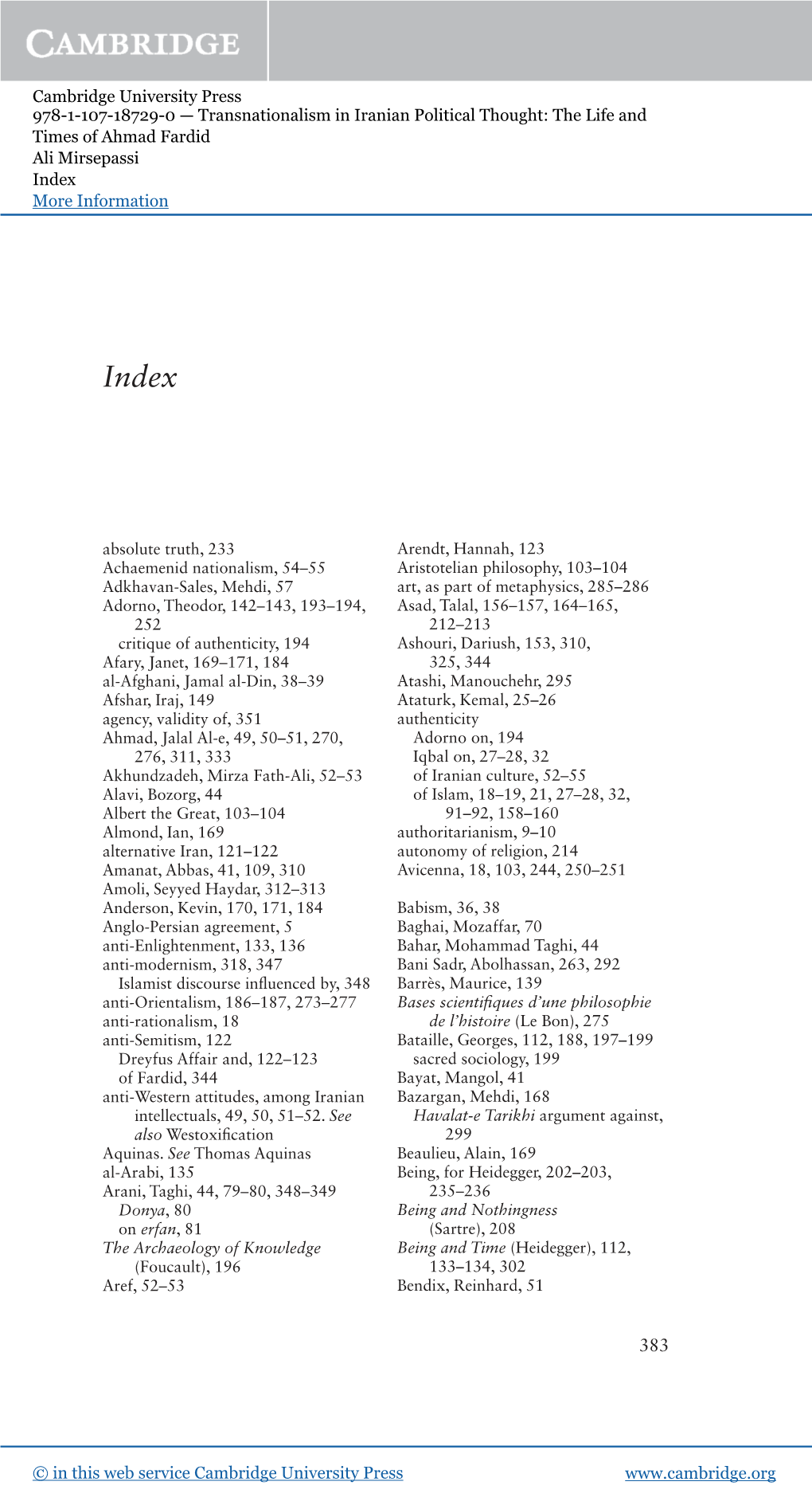 Cambridge University Press 978-1-107-18729-0 — Transnationalism in Iranian Political Thought: the Life and Times of Ahmad Fardid Ali Mirsepassi Index More Information