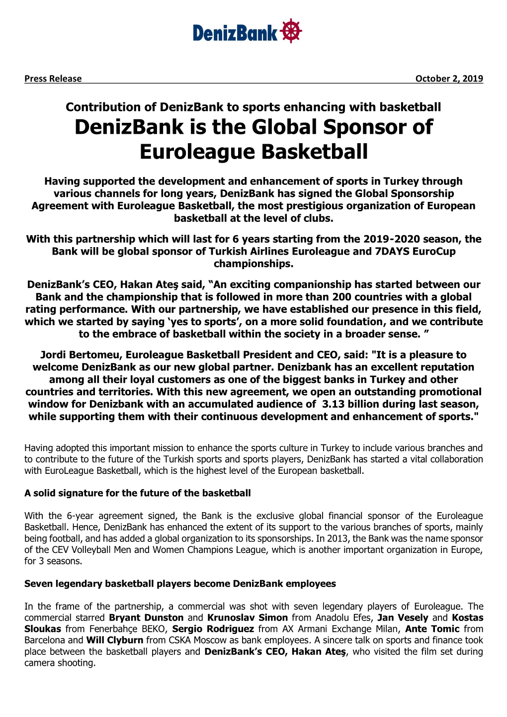 Denizbank Is the Global Sponsor of Euroleague Basketball