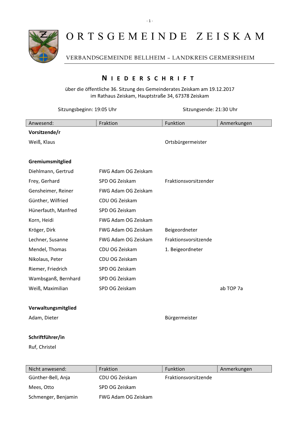 Sitzung Des Gemeinderates Zeiskam Am 19.12.2017 Im Rathaus Zeiskam, Hauptstraße 34, 67378 Zeiskam