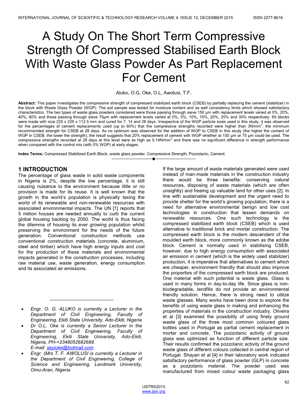 A Study on the Short Term Compressive Strength of Compressed Stabilised Earth Block with Waste Glass Powder As Part Replacement for Cement