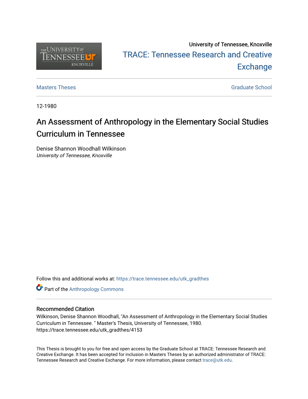 An Assessment of Anthropology in the Elementary Social Studies Curriculum in Tennessee