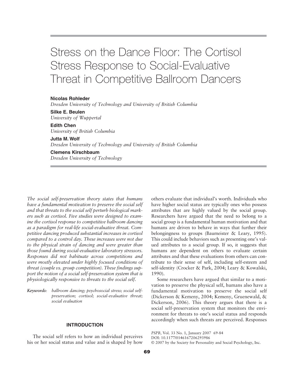 The Cortisol Stress Response to Social-Evaluative Threat in Competitive Ballroom Dancers