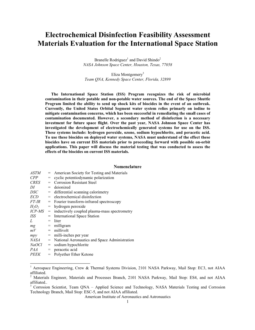 Electrochemical Disinfection Feasibility Assessment Materials Evaluation for the International Space Station