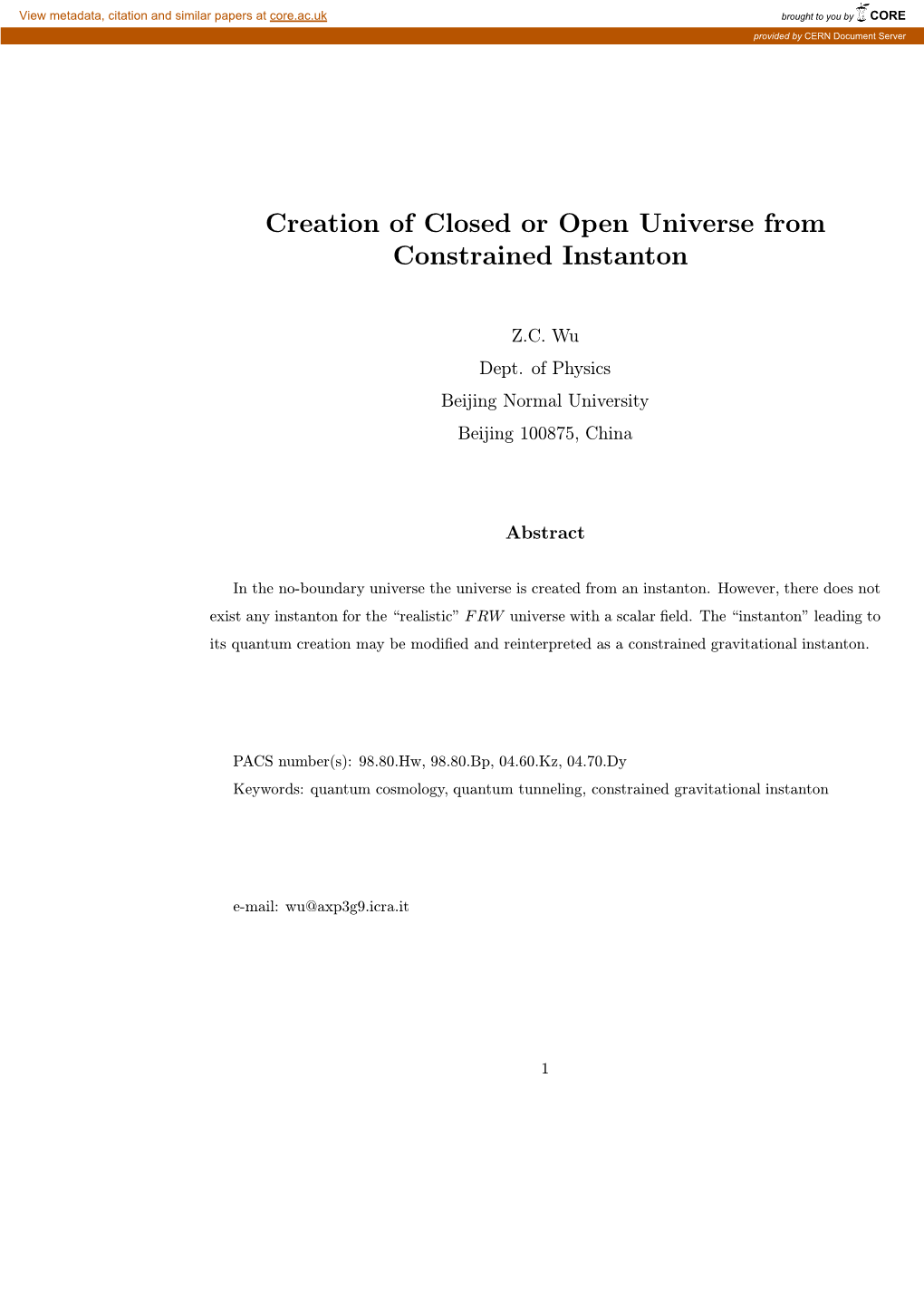 Creation of Closed Or Open Universe from Constrained Instanton