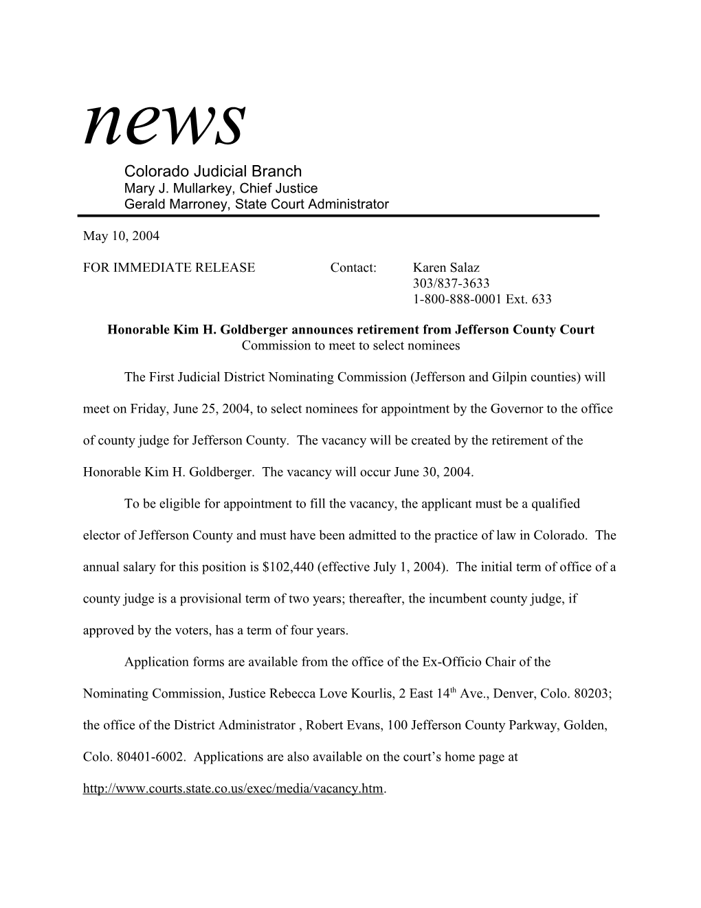 Honorable Kim H. Goldberger Announces Retirement from Jefferson County Court