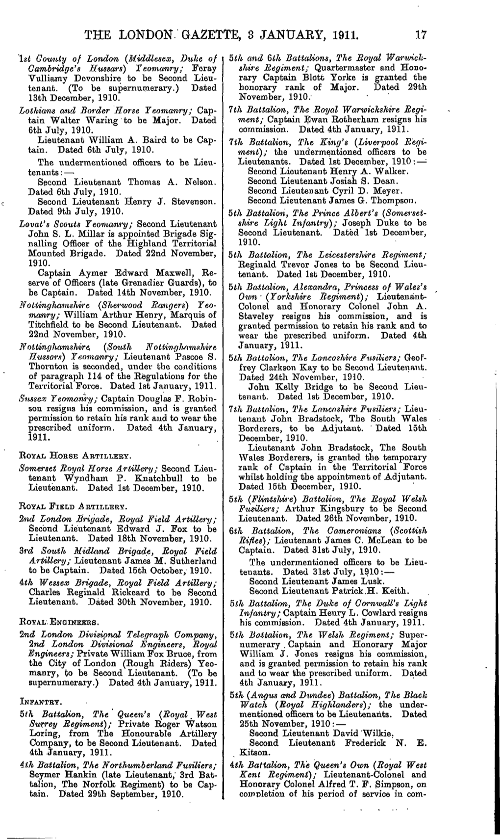 The London Gazette, 3 January, 1911. 17