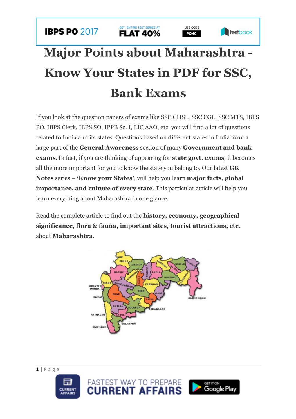 Major Points About Maharashtra - Know Your States in PDF for SSC, Bank Exams