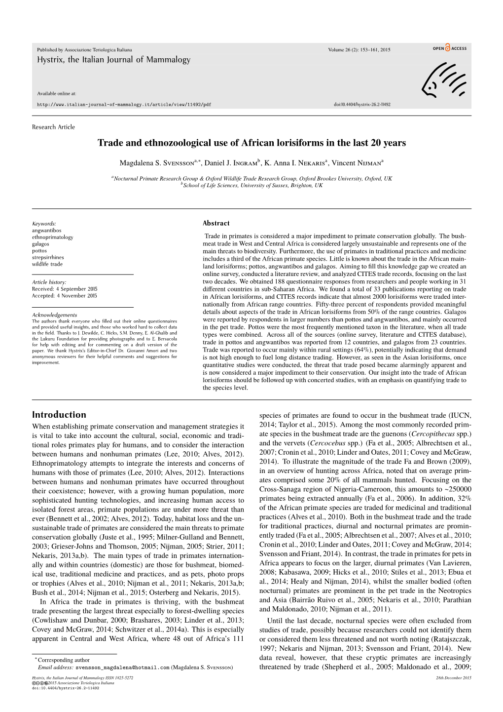 Trade and Ethnozoological Use of African Lorisiforms in the Last 20 Years