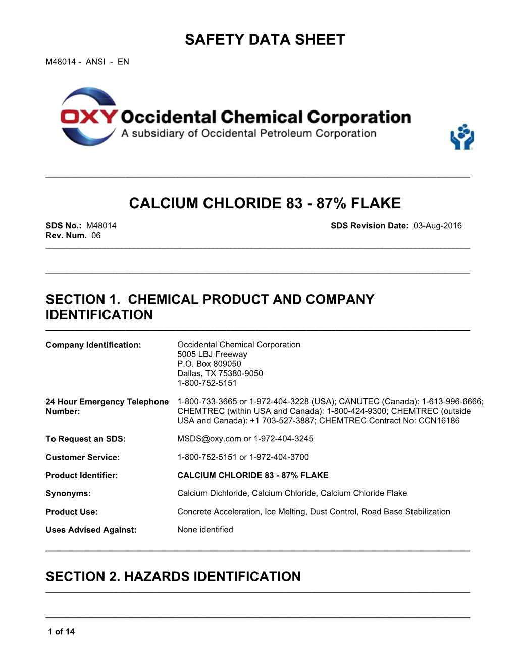Safety Data Sheet Calcium Chloride 83
