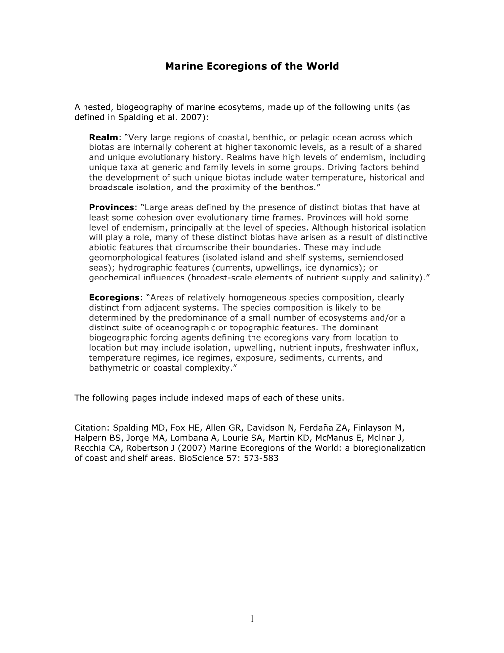 1 Marine Ecoregions of the World Spalding Et Al