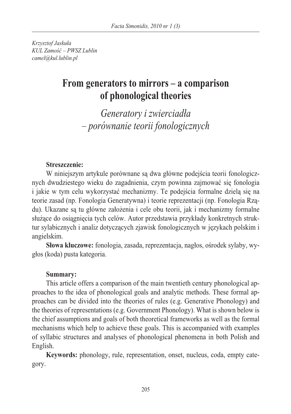 A Comparison of Phonological Theories Generatory I Zwierciadła – Porównanie Teorii Fonologicznych