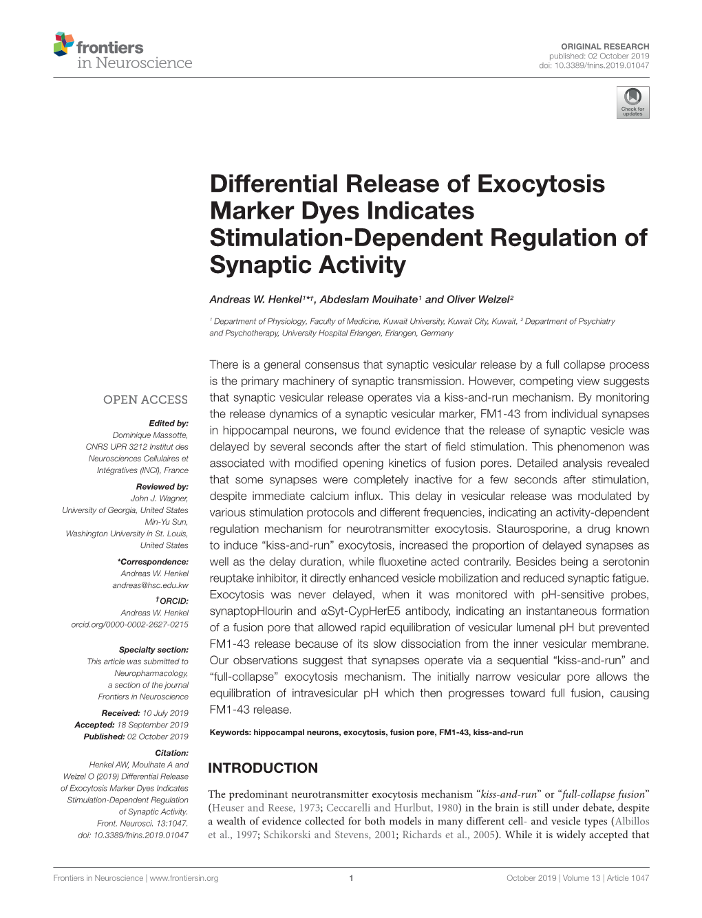 Differential Release of Exocytosis Marker Dyes Indicates Stimulation-Dependent Regulation of Synaptic Activity