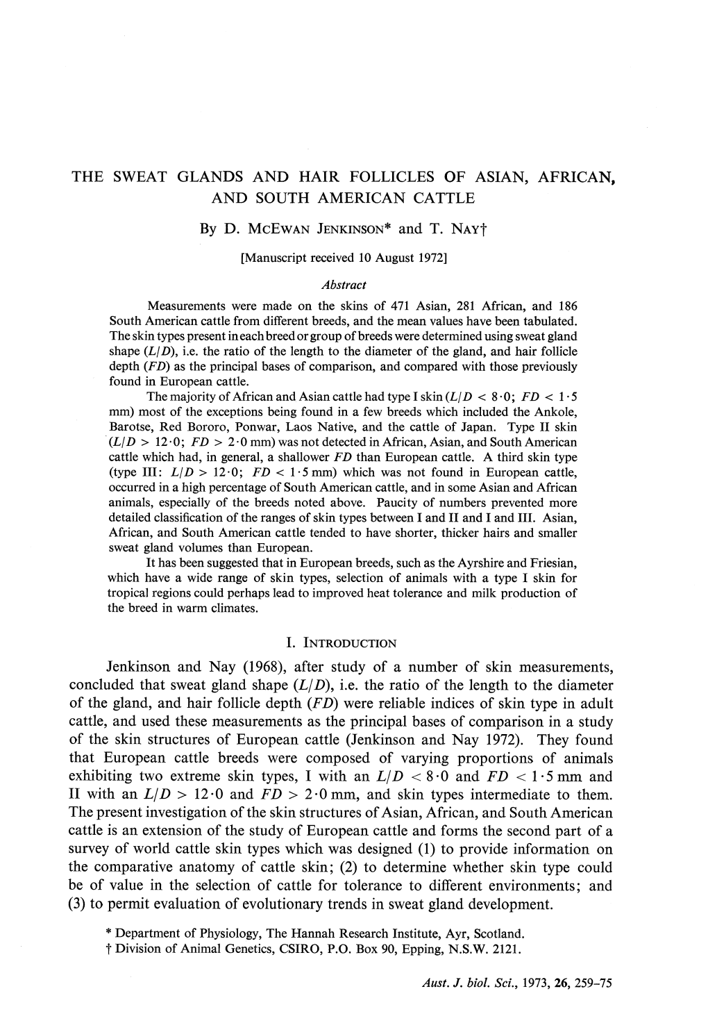 THE SWEAT GLANDS and HAIR FOLLICLES of ASIAN, AFRICAN, and SOUTH AMERICAN CATTLE by D