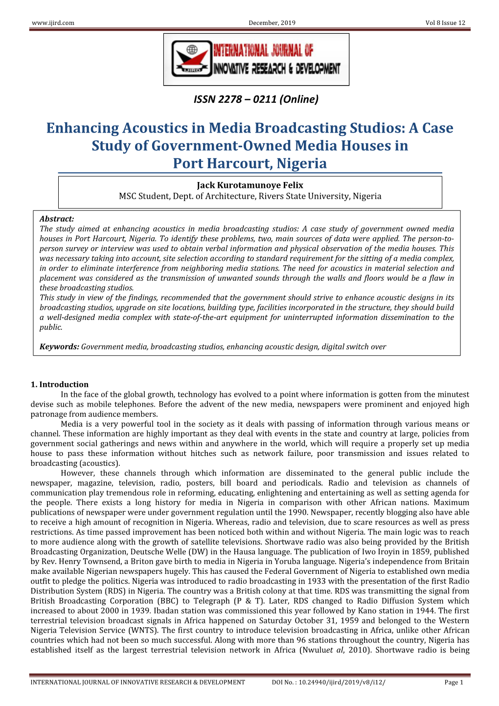 Enhancing Acoustics in Media Broadcasting Studios: a Case Study of Government-Owned Media Houses in Port Harcourt, Nigeria