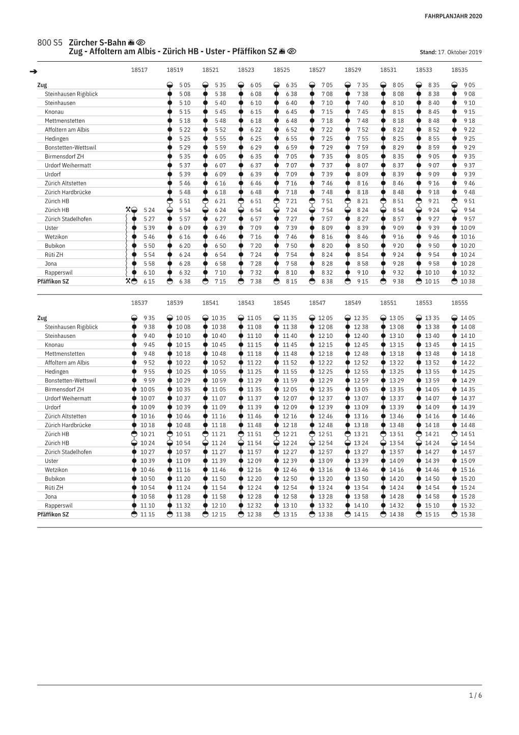 800 S5 Zürcher S-Bahn Zug - Affoltern Am Albis - Zürich HB - Uster - Pfäffikon SZ Stand: 17