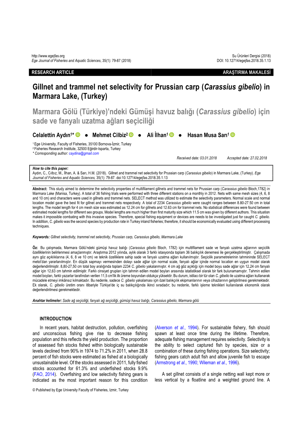 Gillnet and Trammel Net Selectivity for Prussian Carp