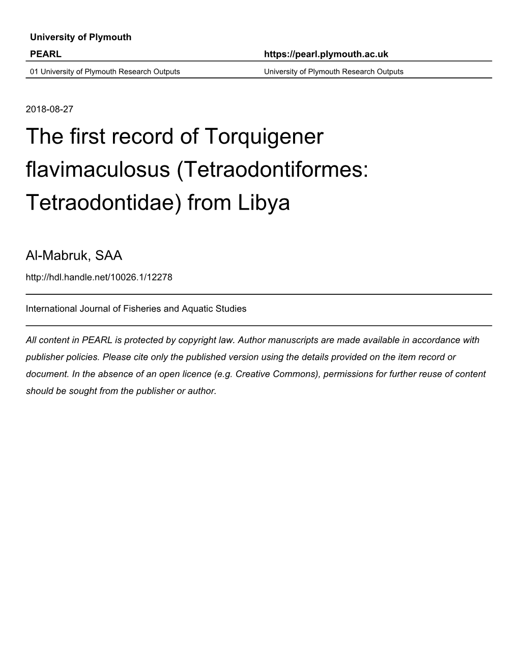 The First Record of Torquigener Flavimaculosus (Tetraodontiformes: Tetraodontidae) from Libya