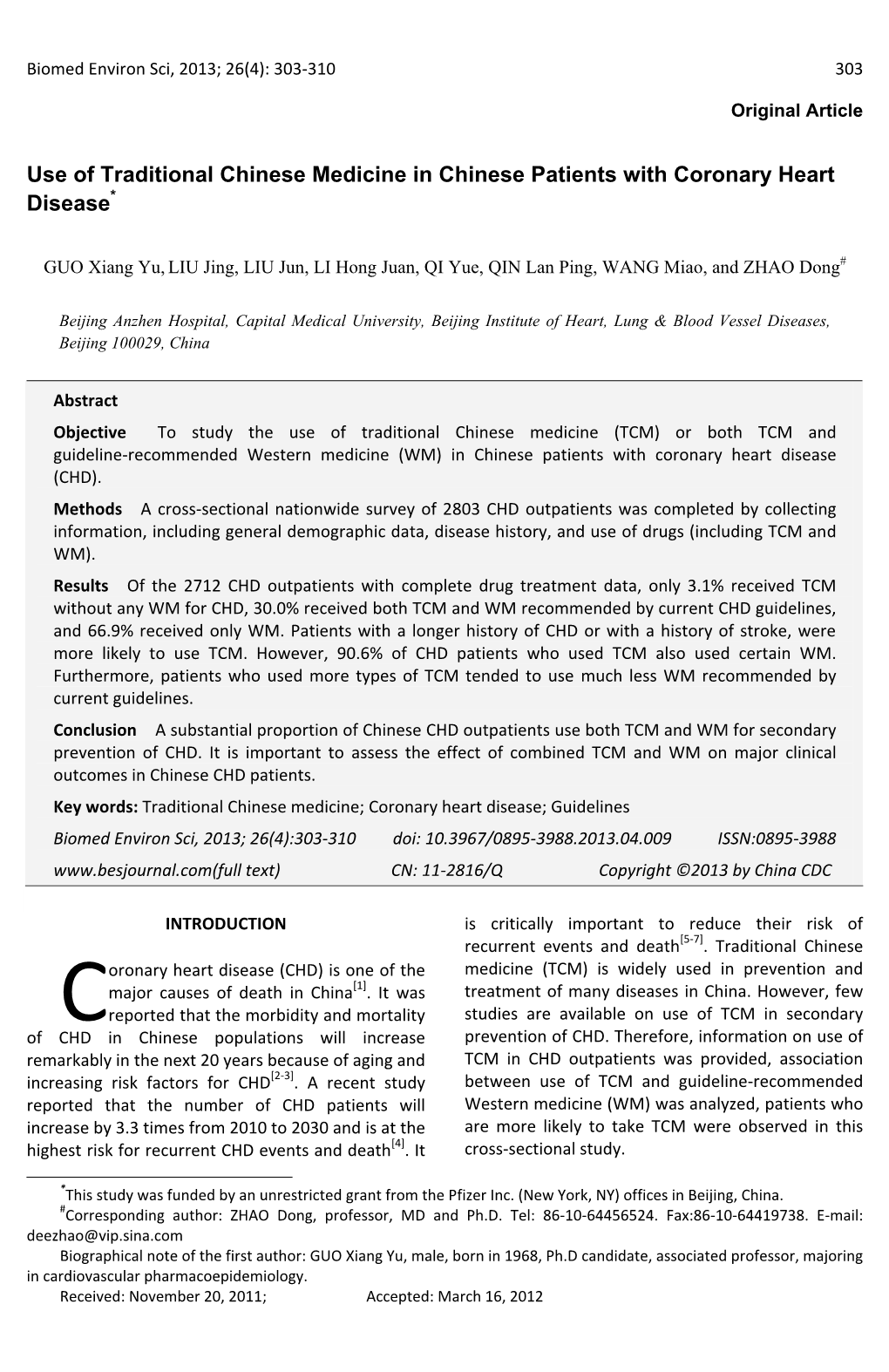 Use of Traditional Chinese Medicine in Chinese Patients with Coronary Heart Disease*