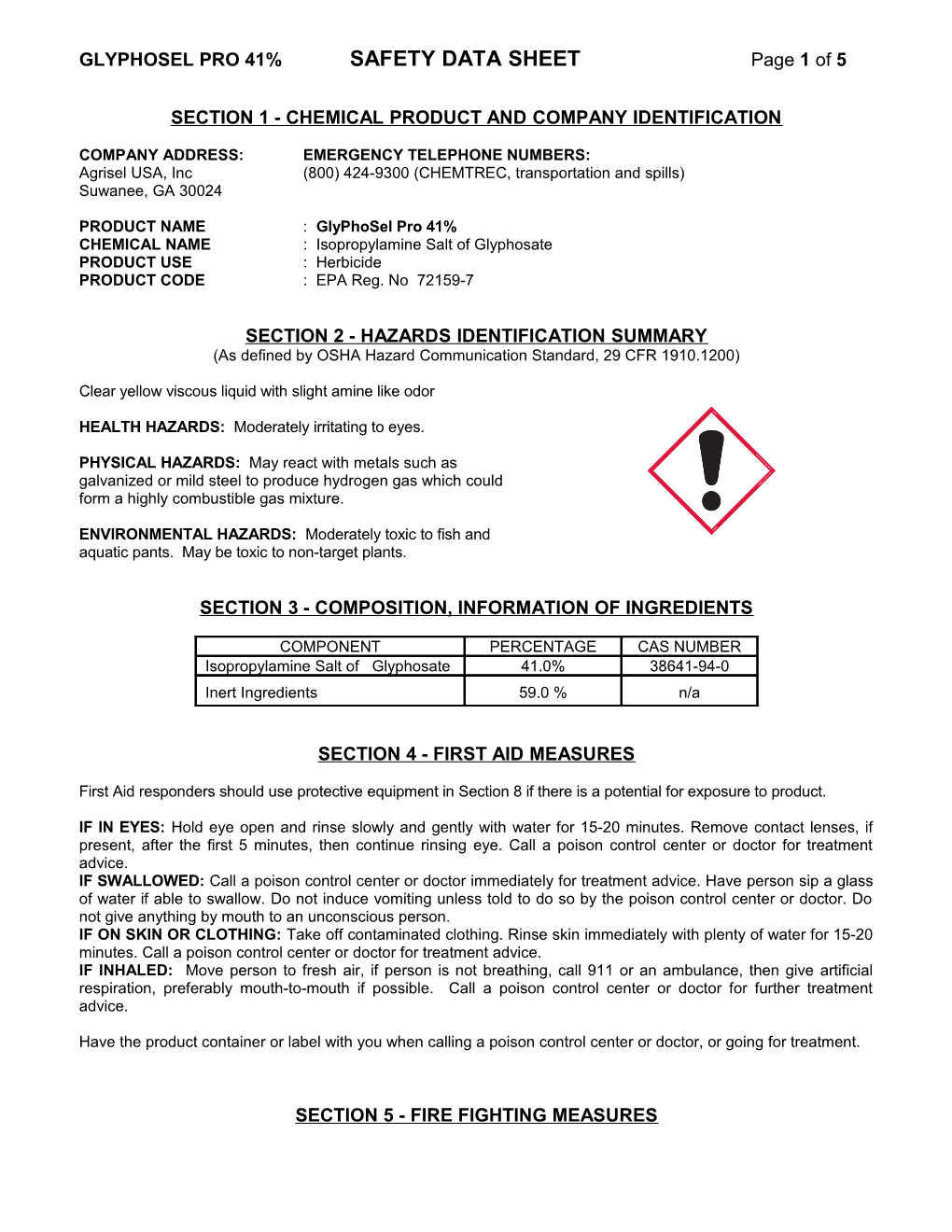 GLYPHOSEL PRO 41% SAFETY DATA SHEET Page 4 of 5