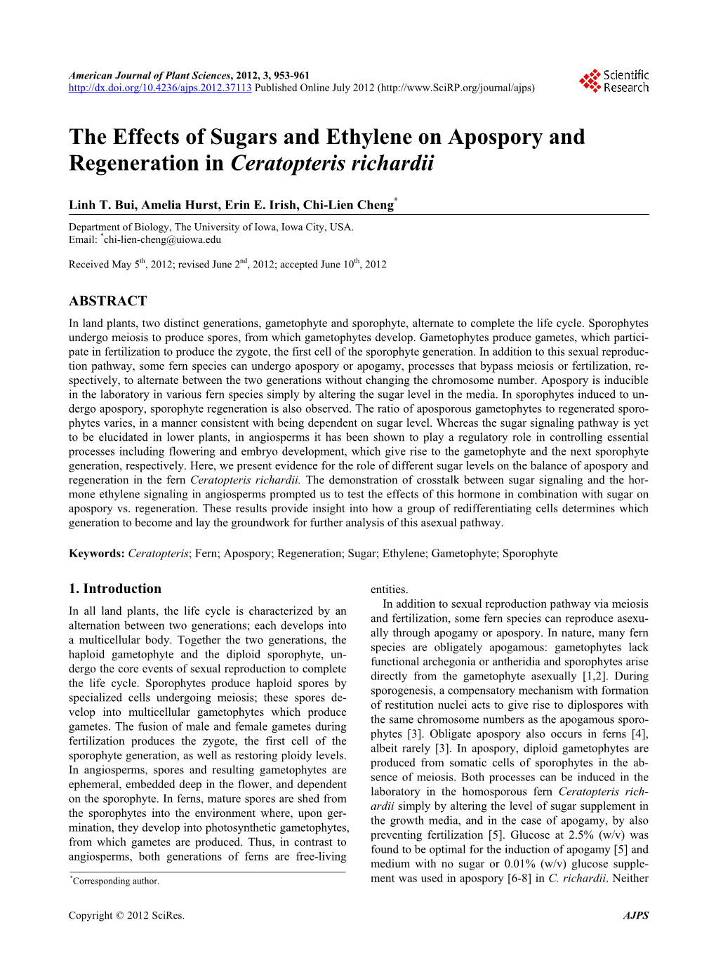 The Effects of Sugars and Ethylene on Apospory and Regeneration in Ceratopteris Richardii