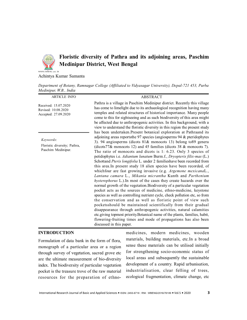 Floristic Diversity of Pathra and Its Adjoining Areas, Paschim Medinipur District, West Bengal Achintya Kumar Samanta