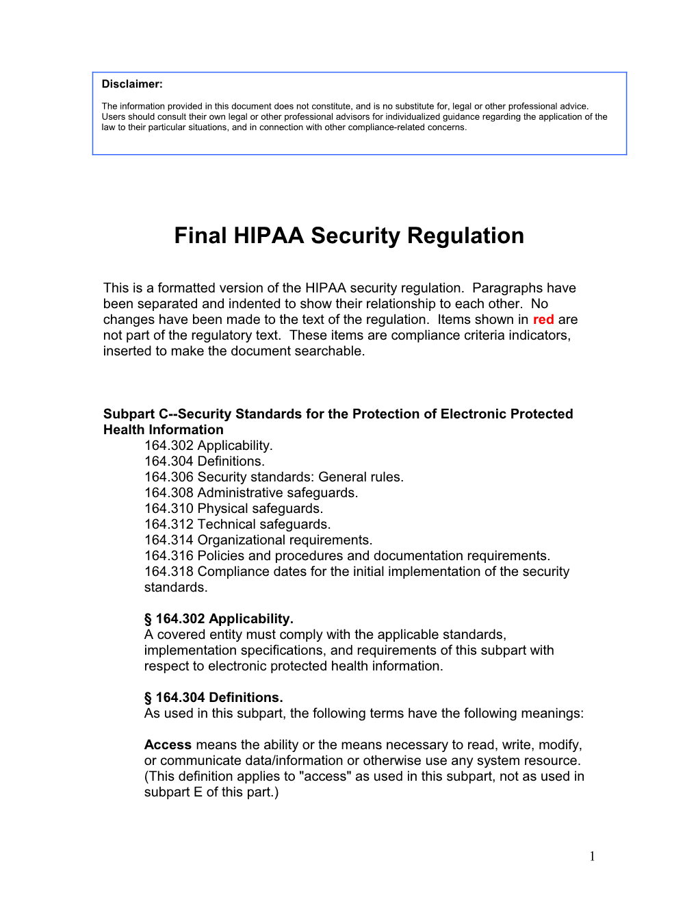 Final HIPAA Security Regulation