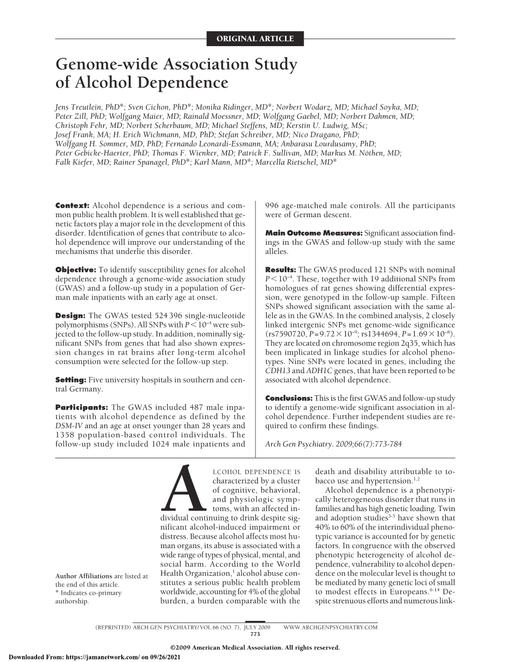 Genome-Wide Association Study of Alcohol Dependence
