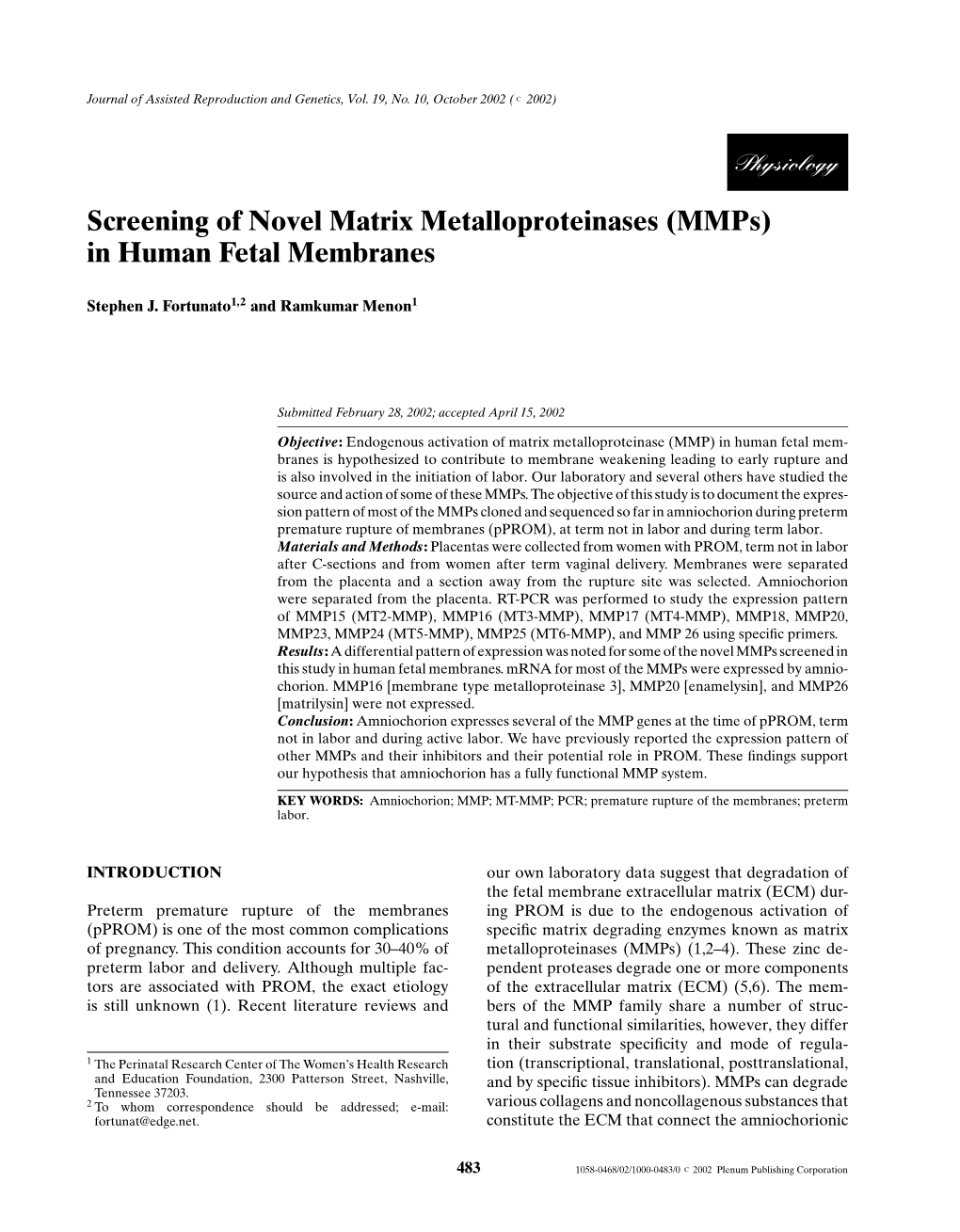 Screening of Novel Matrix Metalloproteinases (Mmps) in Human Fetal Membranes