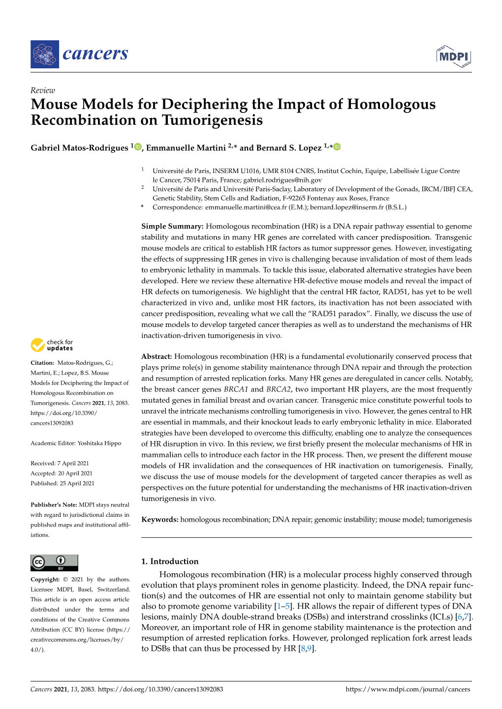 Mouse Models for Deciphering the Impact of Homologous Recombination on Tumorigenesis