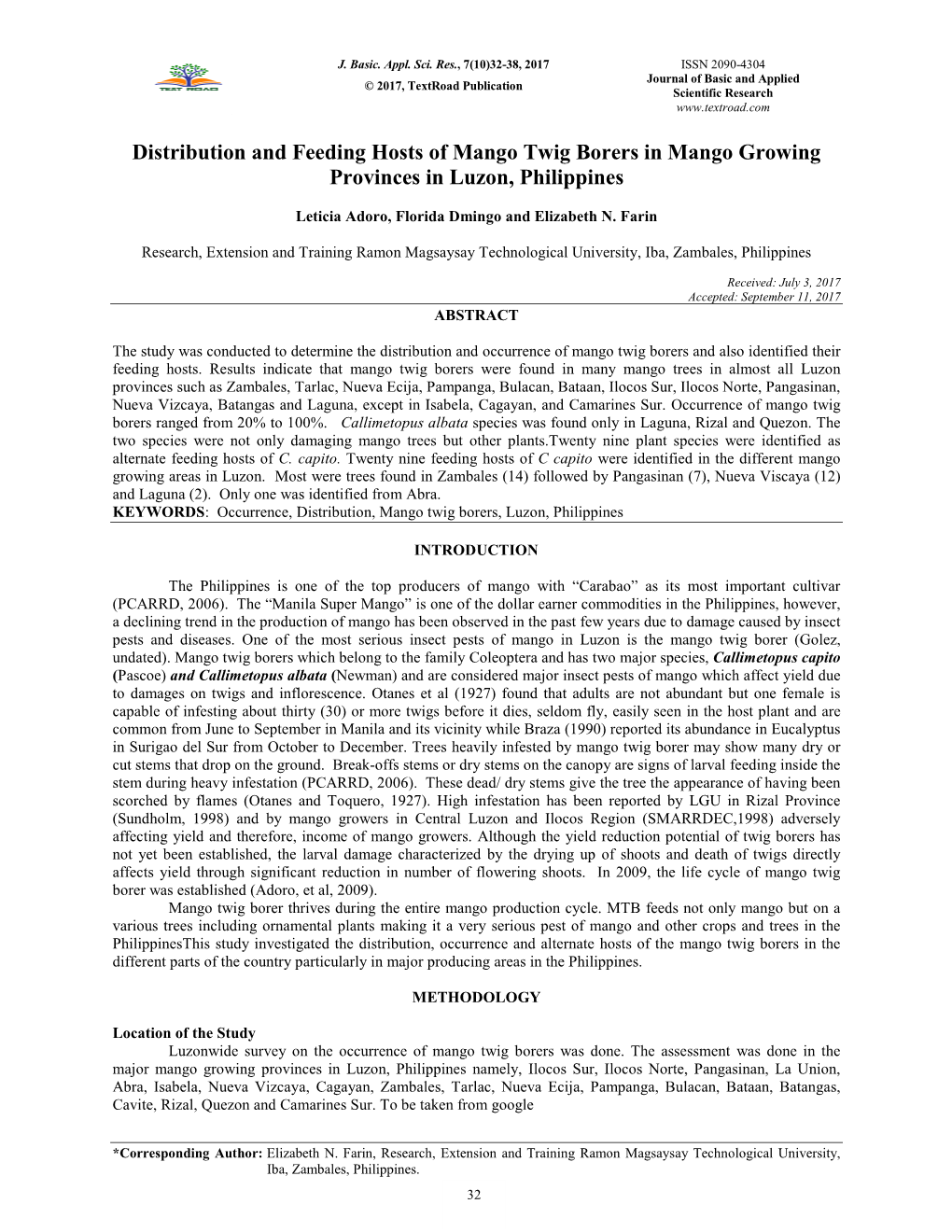 Distribution and Feeding Hosts of Mango Twig Borers in Mango Growing Provinces in Luzon, Philippines